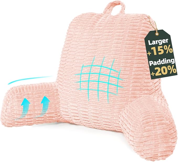 21" Higher Large Reading Pillow for Bed Adult, Back Pillow for Bed Sitting Up with Memory Foam Back Support with Arms Rest for Couch Chair Pink