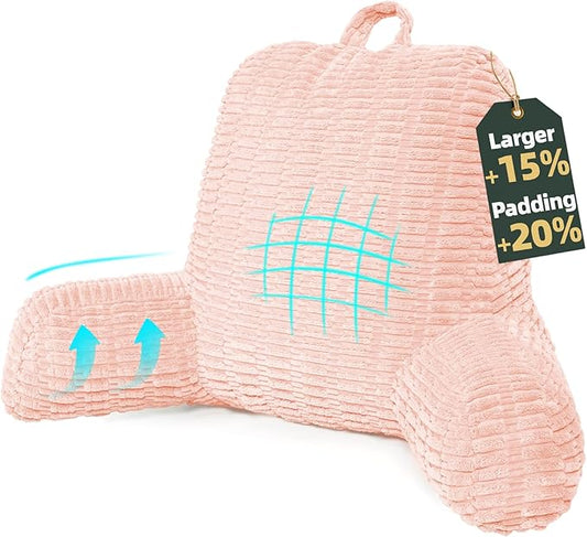 21" Higher Large Reading Pillow for Bed Adult, Back Pillow for Bed Sitting Up with Memory Foam Back Support with Arms Rest for Couch Chair Pink