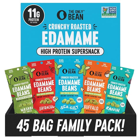 The Only Bean High Protein Snacks, Healthy Office Snacks, Healthy Snacks for Adults and Kids for Lunch, Vegan, Low Carb & Gluten Free - Edamame Beans Snack, Variety Pack - 0.9oz (Pack of 45)