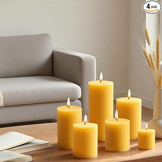 Natural Beeswax Candles Set of 4, Handmade Beeswax Pillar Candles