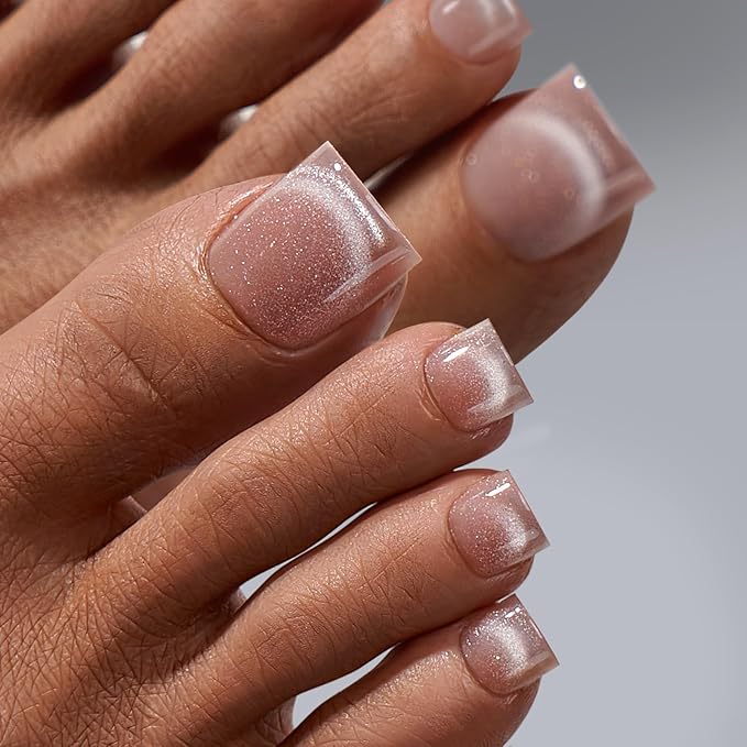 BTArtboxnails XCOATTIPS Toe Nail Tips - Lamp-Curable Real Square Cat Eye Press On Toenails for Women, 150 Soak Off Glitter Toe Nail Extensions in 15 Sizes, Builder Gel & Top Coat Required