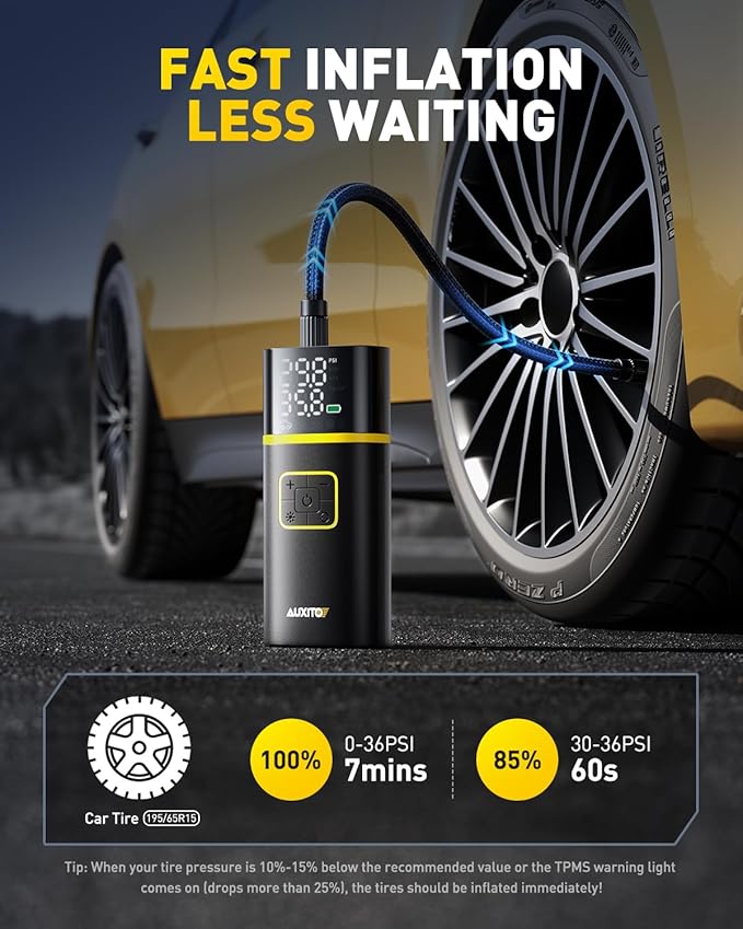 AUXITO Tire Inflator Portable Air Compressor - 150PSI Bike Pump 1Min Fast Inflate with Tire Pressure Gauge, LED Light & Car Accessories, Air Pump for Auto, Moto, Bike, Ball, Car Gifts for Men