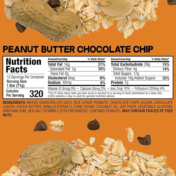 Bobo's Oatmeal Bars, Peanut Butter Chocolate Chip, Gluten Free Vegan Whole Grain Oat Bars, Pack of 12