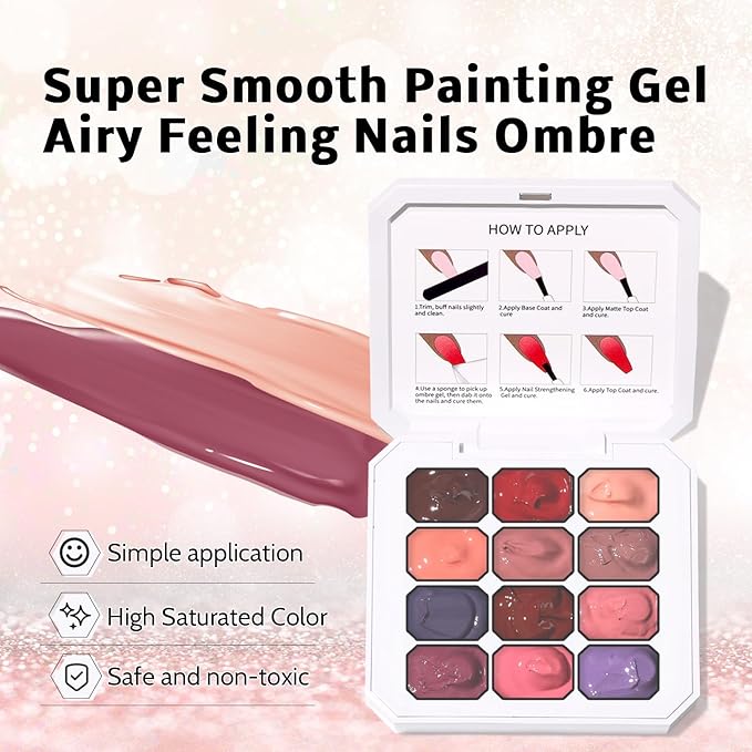 Sponge Pat Gel Nail Polish Palette, 12 Colors Blending Ombre Gel Polish Gradient Painting Nails Art, No Wipe, UV/LED Cured (12 Colors G)