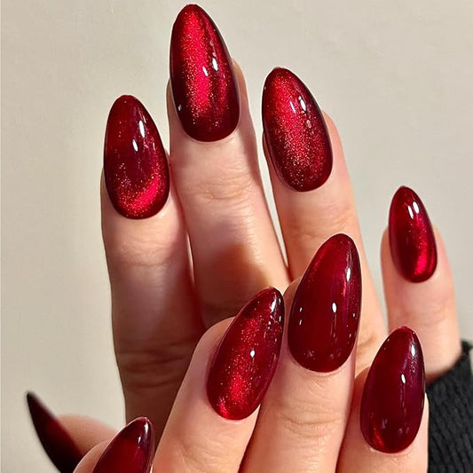 GLAMERMAID Red Magnet Cat Eyes Press on Nails Short Almond, Aurora Handmade Gel Fake Nail Kit, Ombre Rouge Glitter Magnetic Glue on Nail Stiletto, Scarlet Medium Oval Stick on False Nail Set for Women