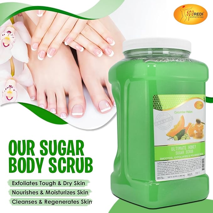SPA REDI - Sugar Body Scrub, Honey, Cucumber Melon, 128 Oz, Exfoliating, Moisturizing, Hydrating and Nourishing, Glow, Polish, Smooth and Fresh Skin - Body Exfoliator