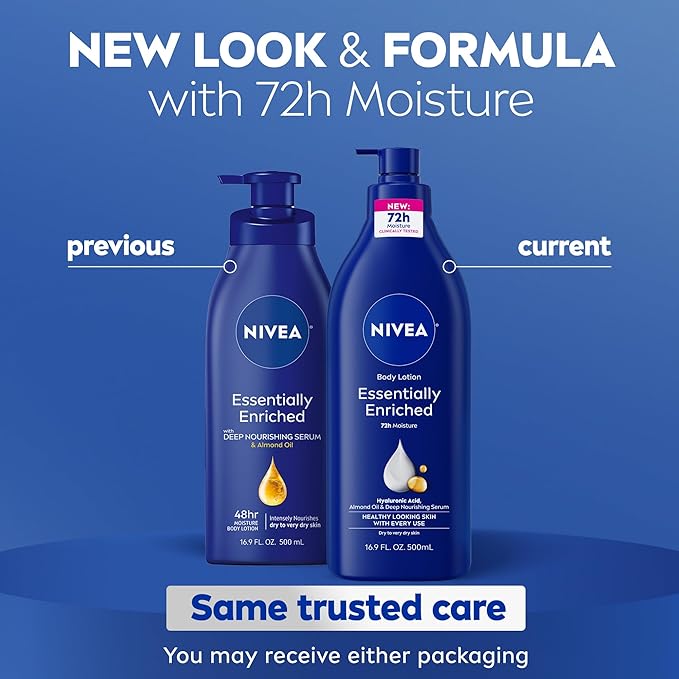 NIVEA Essentially Enriched Body Lotion for Very Dry Skin with Hyaluronic Acid, Almond Oil and Deep Nourishing Serum, 72-Hour Body Moisturizer, 16.9 Fl Oz Pump Bottle