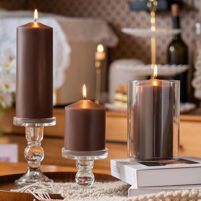 MOZEAL 3" x 6" Hand-Poured Unscented Brown Pillar Candles,Dripless Candles Set of 3,Long Lasting Burning,Approx 100 Hours Burn Time for Wedding,Dinner,Christmas and Home Decor