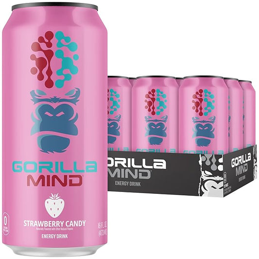 Gorilla Mind Energy Drink | Unmatched Energy · Amplified Focus | N-Acetyl-L-Tyrosine, Alpha-GPC, 200mg Caffeine, Uridine, Saffron | 0 Sugar Or Artificial Colors | 16oz, 12-Pack (Strawberry Candy)