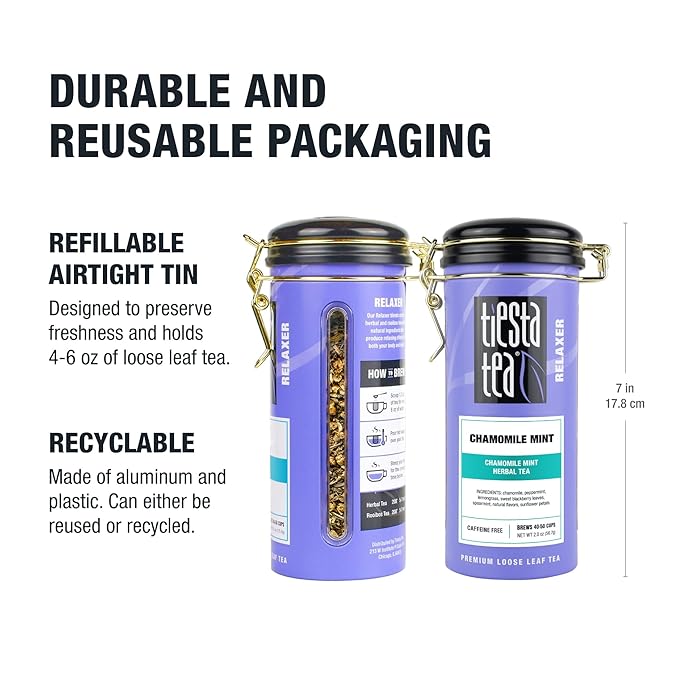Tiesta Tea - Chamomile Mint, Loose Leaf, Chamomile Mint Herbal Blend, Premium Blend, Caffeine-Free Herbal Tea, Makes Hot or Iced & Brews Up to 50 Cups, 2oz Refillable Tin Can