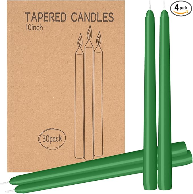 30 Pack Green Taper Candles - 10 inch Dripless, Smokeless, and Unscented - Long Burning for 8 Hours - Hand Poured Tall Candlesticks - Ideal for Special Occasions and Home Decor