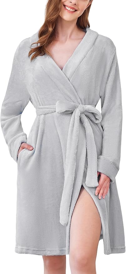 Ekouaer Women's Robes Short Plush Bathrobe Knee Length Warm Soft Jacquard Robe Winter House Coat with Pockets S-XXL