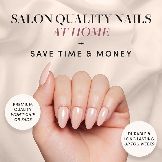 Glamnetic Press On Nails - Los Angeles | Solid Opaque Blush Nude Pink Short Almond Nails in Glazed Finish, Salon Quality | 15 Sizes - 30 Nail Kit