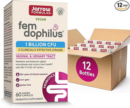 Jarrow Formulas Fem-Dophilus Probiotics 1 Billion CFU with 2 Science-Backed Strains, Dietary Suppl for Vaginal and Urinary Tract Supp,60 Veggie Caps,Up to a 60 Day Supply, Shelf-Stable,12 Packs