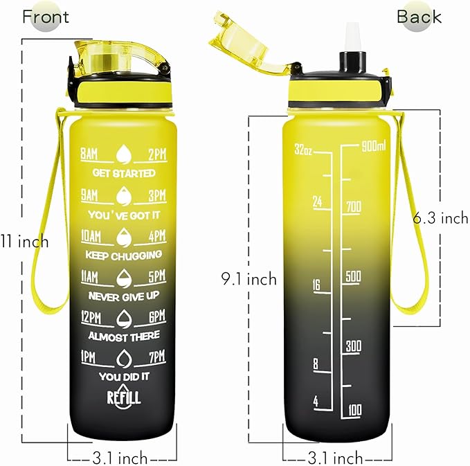 Enerbone Water Bottle, Leakproof BPA & Toxic Free, Motivational Water Bottle with Times to Drink and Straw, Fitness Sports Water Bottle with Strap for Office, Gym, Outdoor Sports