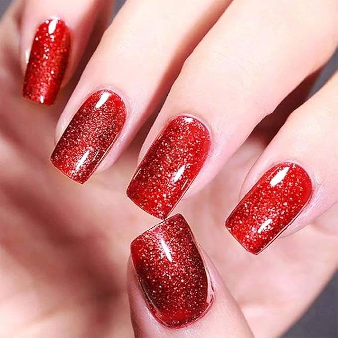GLAMERMAID Glitter Bright Red Press on Nails Medium Square, Handmade Jelly Soft Gel Nails Square Fake Nails, Glossy Stick Glue on Nails Kit for Women, Reusable Stick on Acrylic Fake Nails Manicure Set