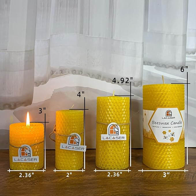 Large Beeswax Pillar Candles, Size 3"x6", Natural Bees Wax Candle Sheet Handrolled for Home, Unscented & Smokeless, 40 Hours Burning Time, Yellow