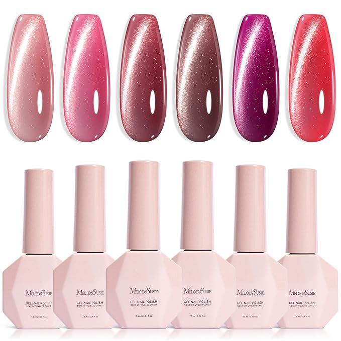MelodySusie Ruby Gleam Red Cat Eye Set Cat Eye Gel Nail Polish Set 6 Pcs, 0.26 Fl Oz Glitter Holographic Magnetic Nail Polish with Magnet, UV Nail Polish for Nail Art Manicure Salon DIY at Home