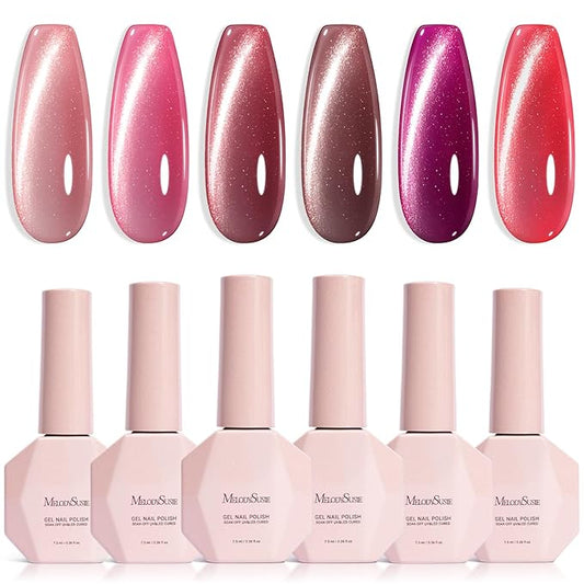 MelodySusie Ruby Gleam Red Cat Eye Set Cat Eye Gel Nail Polish Set 6 Pcs, 0.26 Fl Oz Glitter Holographic Magnetic Nail Polish with Magnet, UV Nail Polish for Nail Art Manicure Salon DIY at Home