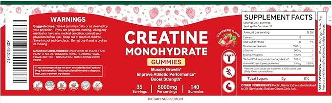 Creatine Monohydrate Gummies for Men & Women, 140 Gummies, Strength and Endurance Enhancing Creatine Chews, Gluten Free, Sugar Free, Strawberry Flavor