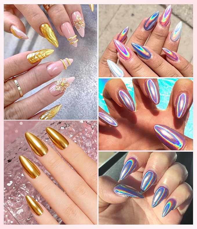Gold Chrome Nail Powder - Sparkly Laser Holographic Nail Powder Metallic Mirror Effect Ice Blue Nail Chrome POwder, White Pearl Pigment Holo Iridescent Glitter Dust Kit, Nail Art Decoration