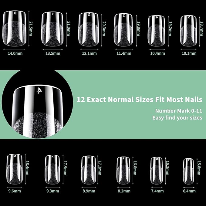 Short Square Nail Tips, 216pcs Acrylic Soft Fake Nails Gel Nail Tips, Full Cover Pre-Shaped Matte Clear Press on Nails for Extension, Diy at Home Manicure 12 Sizes