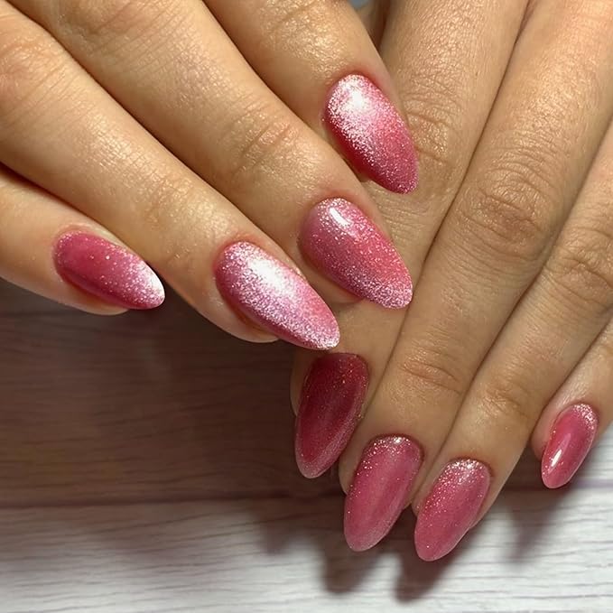 GLAMERMAID Pink Magnet Cat Eyes Press on Nails Short Almond, Handmade Jelly Gel Fake Nail Kits, Ombre Glitter Magnetic Glue on Nail Stiletto, Pink Aurora Medium Oval Stick on False Nail Set for Women
