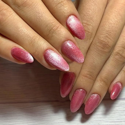 GLAMERMAID Pink Magnet Cat Eyes Press on Nails Short Almond, Handmade Jelly Gel Fake Nail Kits, Ombre Glitter Magnetic Glue on Nail Stiletto, Pink Aurora Medium Oval Stick on False Nail Set for Women