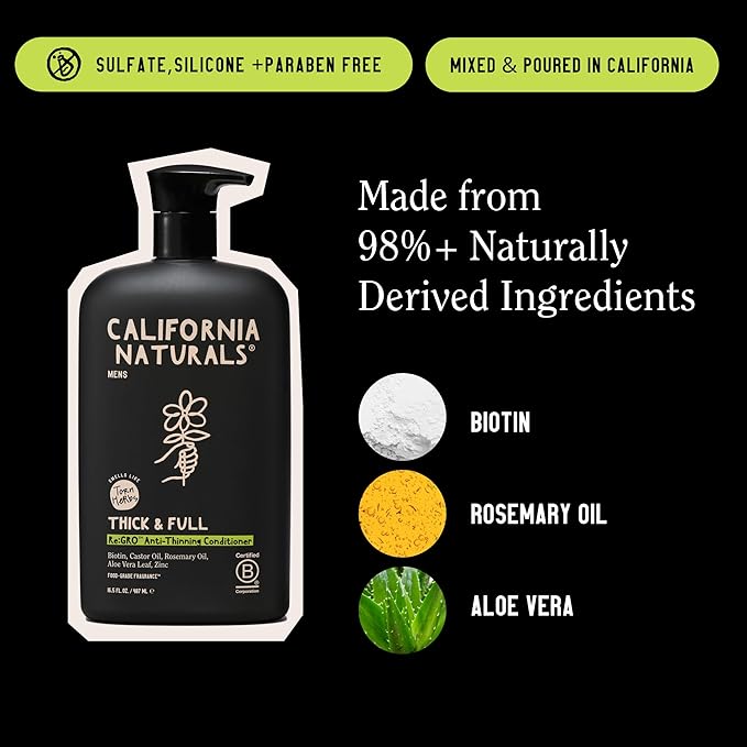 California Naturals Mens Re:GRO Conditioner for Hair Growth Support, Scalp Hair Care with Biotin, All Hair Types, Vegan, Natural, Cruelty Free, Silicone, Paraben & Sulfate Free, for Men, 16.5 oz