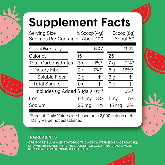 Bellway Super Fiber Powder + Fruit, Sugar Free Organic Psyllium Husk Powder Fiber Supplement for Regularity, Bloating Relief & Digestive Health, Plant-Based, Strawberry Watermelon (50 Servings)