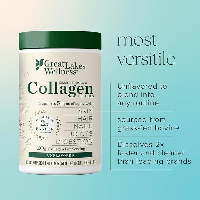 Great Lakes Wellness Bovine Collagen Peptides Powder for Skin, Hair, Nails, Joints & Digestion - Unflavored - Quick Dissolve Hydrolyzed, Non-GMO, Kosher - 32 oz