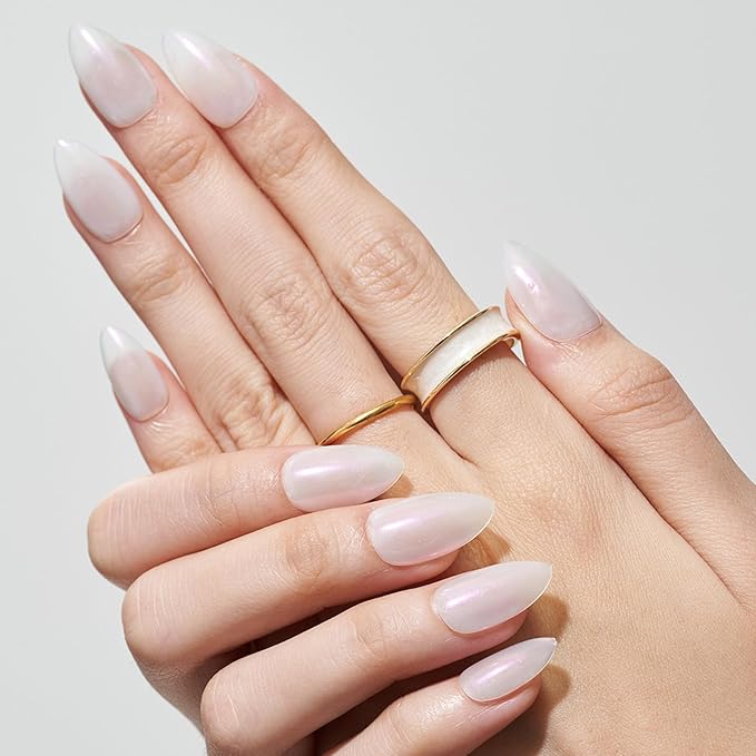 GLAMERMAID Pure White Eyes Press on Nails Short Almond, Chrome Handmade Glossy Gel Fake Nail Kit, Glazed Natural Glitter Magnetic Glue on Nail Stiletto, Medium Oval Stick on False Nail Set for Women