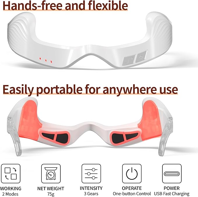 Under Eye Red Light Therapy Device, 650nm Red Light Therapy Eye Massager for Relieve Eye Bags, Eye Fatigue, Dark Circles, with Glasses Strap, Light-Weight, Hands-Free Use