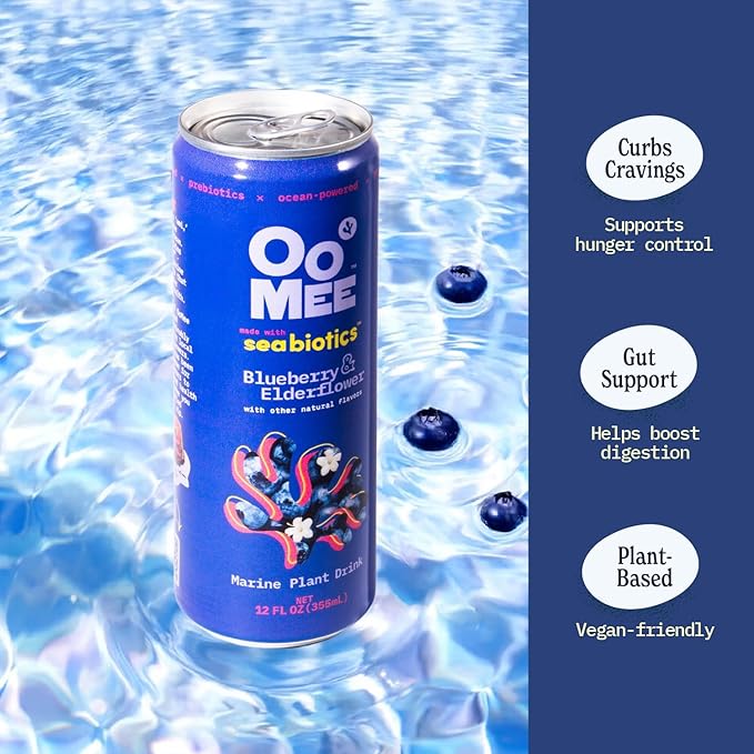 OoMee Prebiotic Beverage (12 Ounce Cans, Pack of 12) - Vegan, Sustainable Marine Sourced Prebiotics, Support Digestive Health, Plant-Based, Low Sugar (4 Pack, Blueberry & Elderflower)