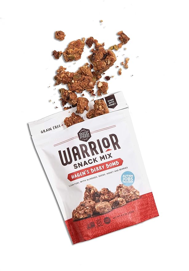 BeeFree Warrior Mix Gluten Free Granola - Chunky Granola Bites | Paleo, Low Carb, Grain Free, Preservative Free, Oat Free | Low Calorie Snacks | Hagen’s Berry Bomb, 9 Ounce Bags, 3 Pack