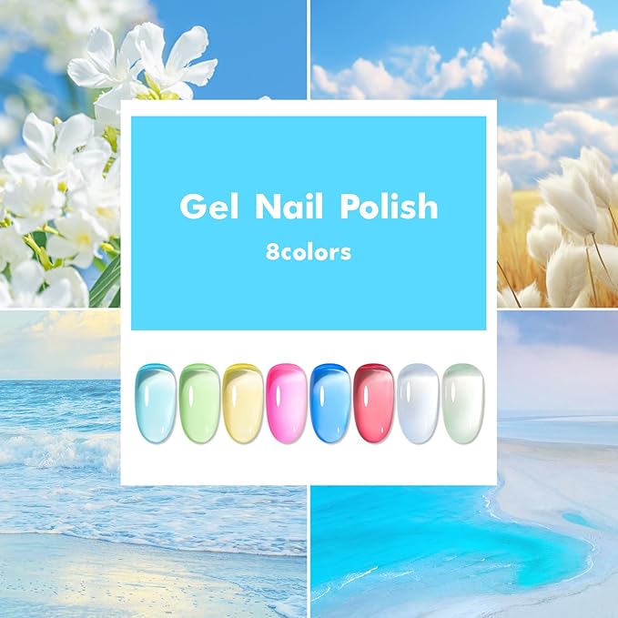 MTSSII Neon Jelly Gel Nail Polish Set 8 Pcs Clear Crytal Glass Gel Polish Yellow Blue Green Red Pink Transparent Sheer Nail Art Varnish Manicure LED UV Curing Required Iridescent Colors