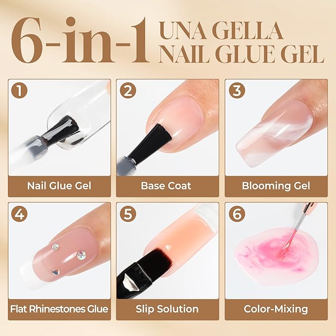 UNA GELLA 6 in 1 Gel Nail Glue for Nails Tips 10ml Long Lasting U V Nail Glue Super Strong Brush On Glue for Base Blooming Gel for Clear False Nail Tips and Press on Acrylic Nails Need Light Cured