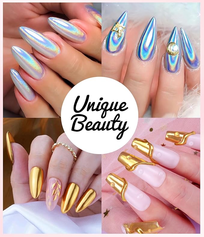 Gold Chrome Nail Powder - 4 Colors Christmas Red Green Laser Gold Nail Chrome Powder, Sparkly Holographic Chrome POwder for Nails Mirror Effect Glitter Pigment Dust - Christmas Nail Design