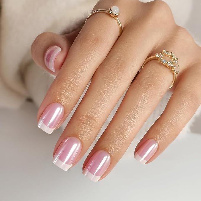 Chrome White French Tip Press on Nails Short - Soft Gel Square Press on Nails for Women Gift, Glossy Glue on Nails in 16 Sizes - 32 Reusable Fake Nails Kit with Glue, Aurora French