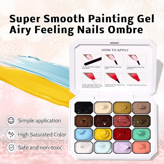 Sponges Pat Gel Nail Polish Palette, 16 Colors Blending Ombre Gel Polish Patting Gradient Painting Nails Art, No Wipe, UV/LED Cured (16 Colors A)