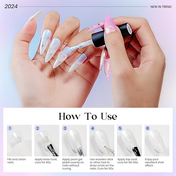 MIZHSE Pearl Gel Nail Polish, 6 Colors Iridescent Mermaid Gel Polish Set, Drawing Nail Shell Thread Effect Shimmery White Pink Purple Soak Off Nail Art Manicure Home Gift for Wome