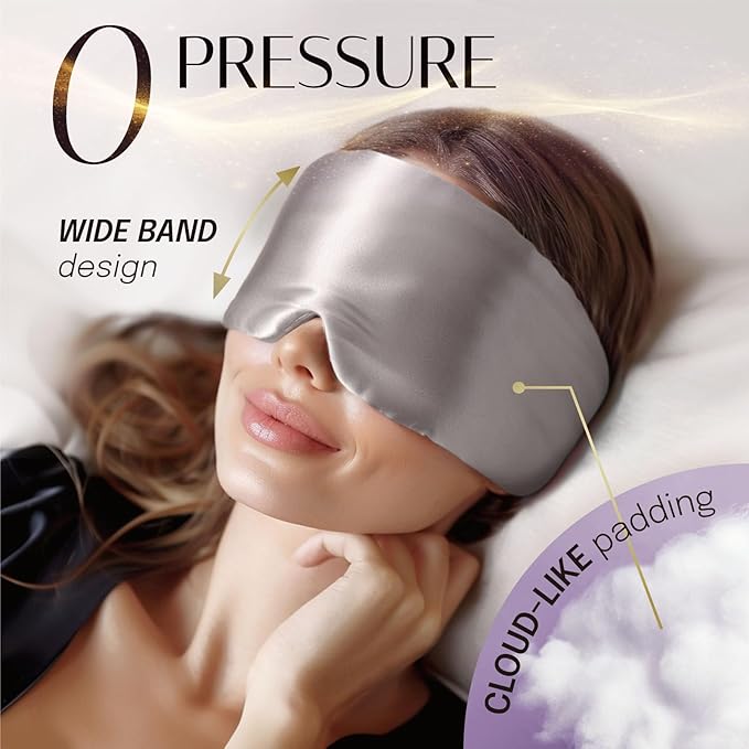 Silk Sleep Mask Soft Pressureless: 100% Mulberry Silk for Eye Skin Anti Wrinkles, Large Size for Total Blackout, Adjustable Wide Velcro Ear Cover