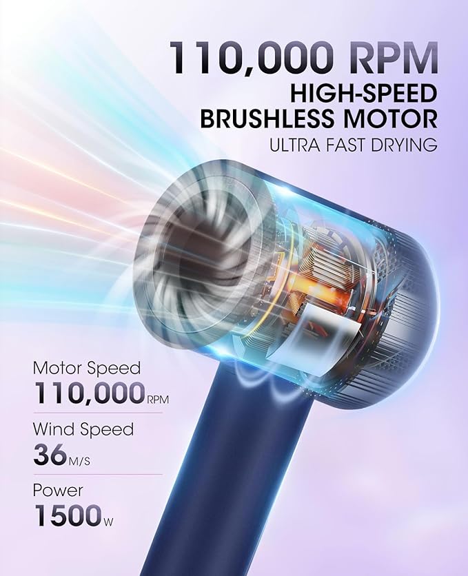 Hair Dryer,110000 RPM High-Speed Brushless Motor for Fast Drying with HD Digital Display Low Noise Compact Hair Blow Dryer for Curly Hair for Home Travel Salon #201Purple Blue
