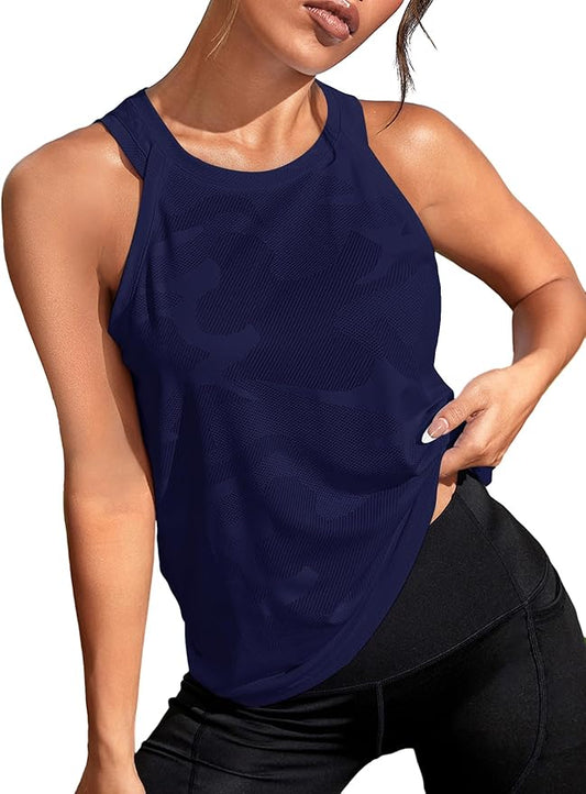 OYOANGLE Women's Camo Print Sleeveless Workout Shirts Exercise Running Tank Tops Active Gym Tops