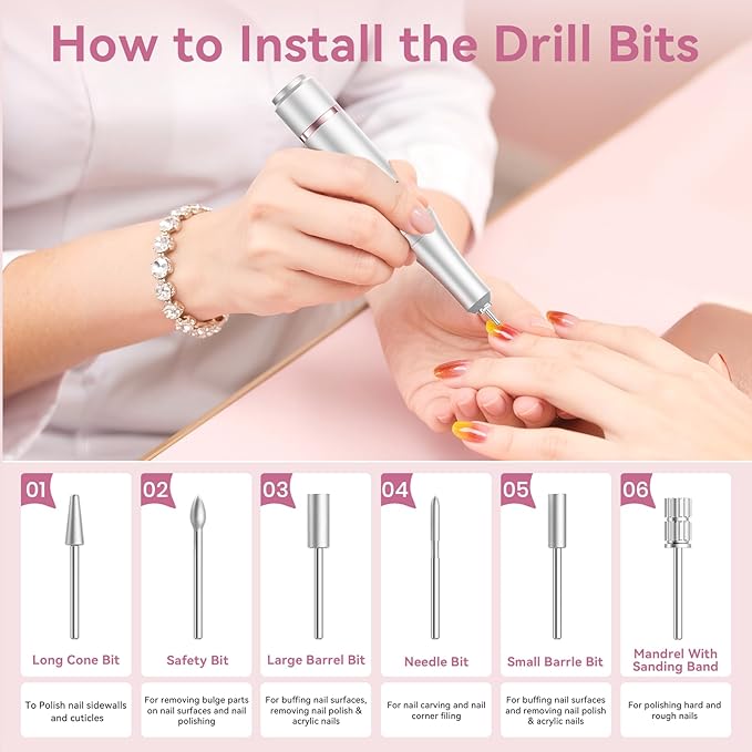 Professional Electric Nail Drill 45000RPM, Portable Nail File for Acrylic Gel Nails, Cordless Rechargeable Salon-Grade Ultra Power Nail Drill Kit for Shaping, Polishing & Removing Gel Nails