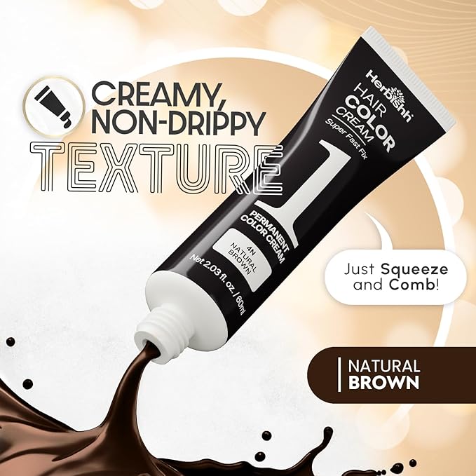 Herbishh Rapid Infusion Hair Color Cream – 4N Natural Brown Hair Dye Permanent One Minute with Comb Applicator, Hair Color for Gray Hair Coverage, Ammonia-Free, Patented Korean Technology, 2.03 fl. Oz