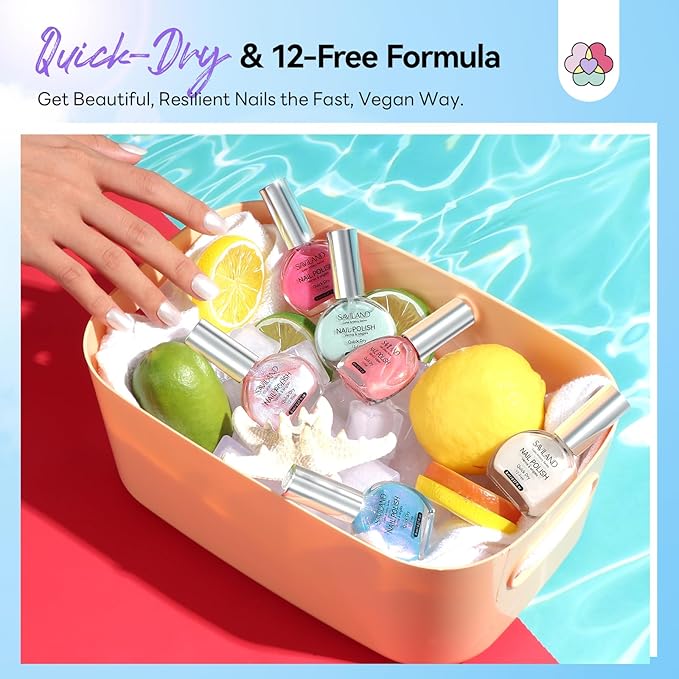 SAVILAND Pearlescent Nail Polish Set: Quick Dry Mermaid Nail Polish 6-Color Pearl Pink Blue White Nail Lacquer Polish Kit 12-Free with Castor Oil Aurora Nail Art DIY Manicure Women Christmas Gift