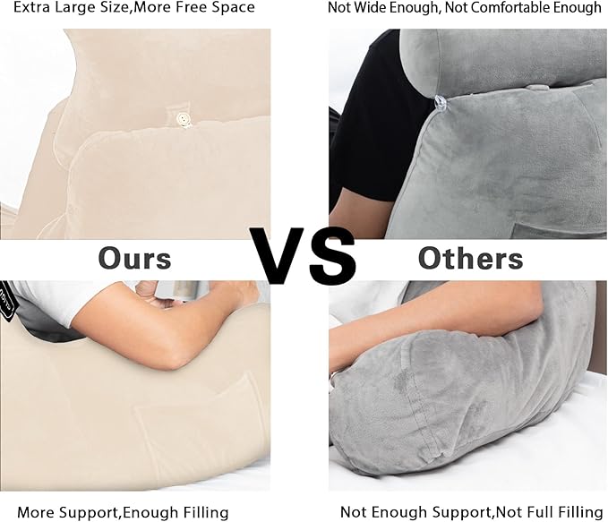 SLIGUY Reading Pillow-Bed Rest Pillow with Detachable Neck Roll & Higher Support Arm for Sitting in Bed Couch or Floor-Backrest Reading Pillow Adult Back Pillow for Reading/Watching TV/Gaming,Beige