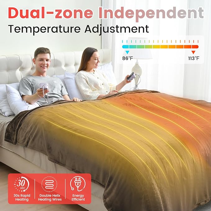 Sunable Heated Electric Blanket - Machine Washable Blanket with Time Settings 10 Heat Settings Queen Size 84×90 inches Taupe -Velvet