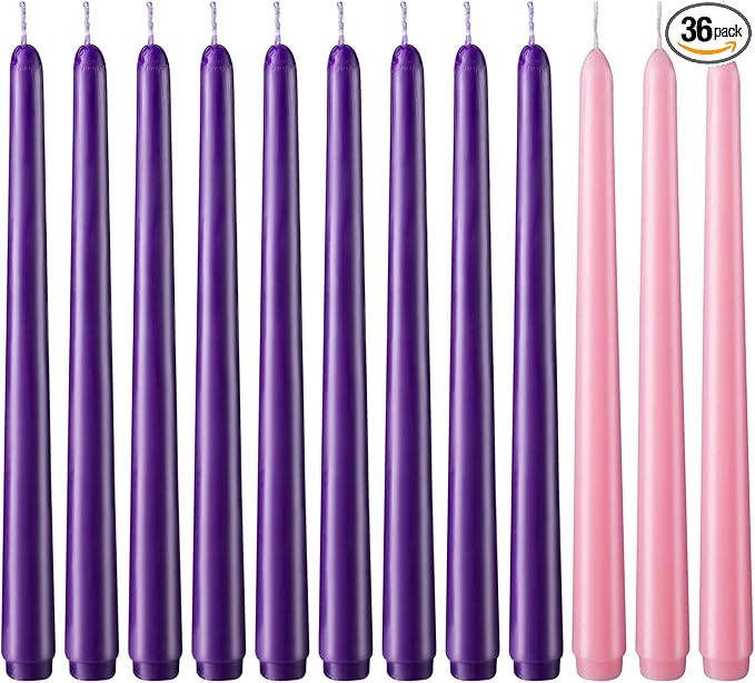 Hausware 36 Pack Taper Candles,27 Purple and 9 Pink,8 Hour Burn Time,Unscented Dripless and Smokeless,10 inch Elegant Premium Quality Dinner Candle for Home Décor,Wedding,Party Candlesticks